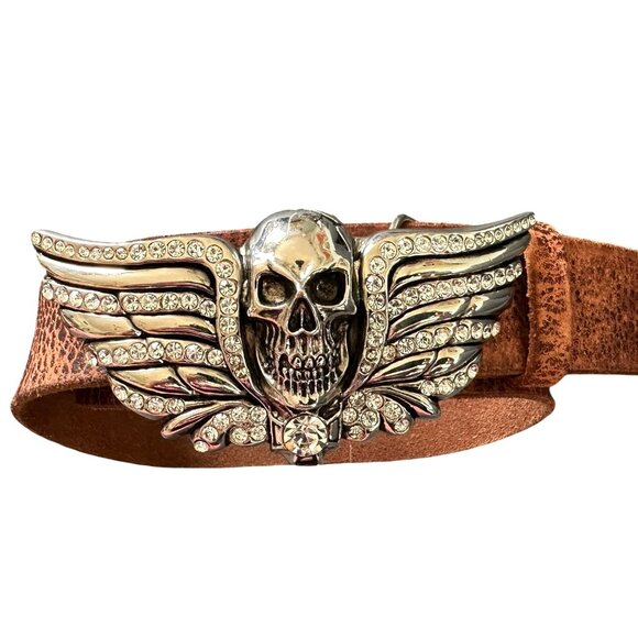 WASHED UP HOLLYWOOD SILVER CRYSTAL SKULL HEAD BELT BUCKLE 34" - Picture 1 of 5